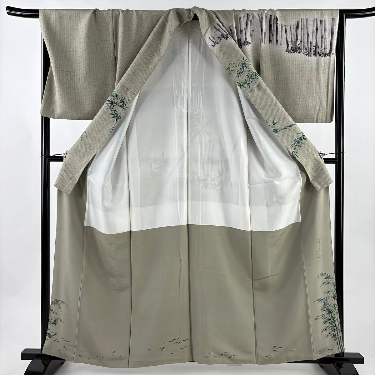 【美品】訪問服 身長160cm 袖長67cm M 雙層 紬織織 田家鬼彩 落款あり 竹子林 椿 灰綠 純蠶絲 逸品級