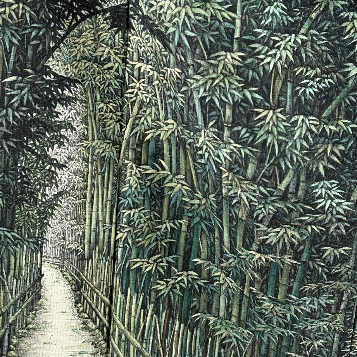【美品】訪問服 身長160cm 袖長67cm M 雙層 紬織織 田家鬼彩 落款あり 竹子林 椿 灰綠 純蠶絲 逸品級