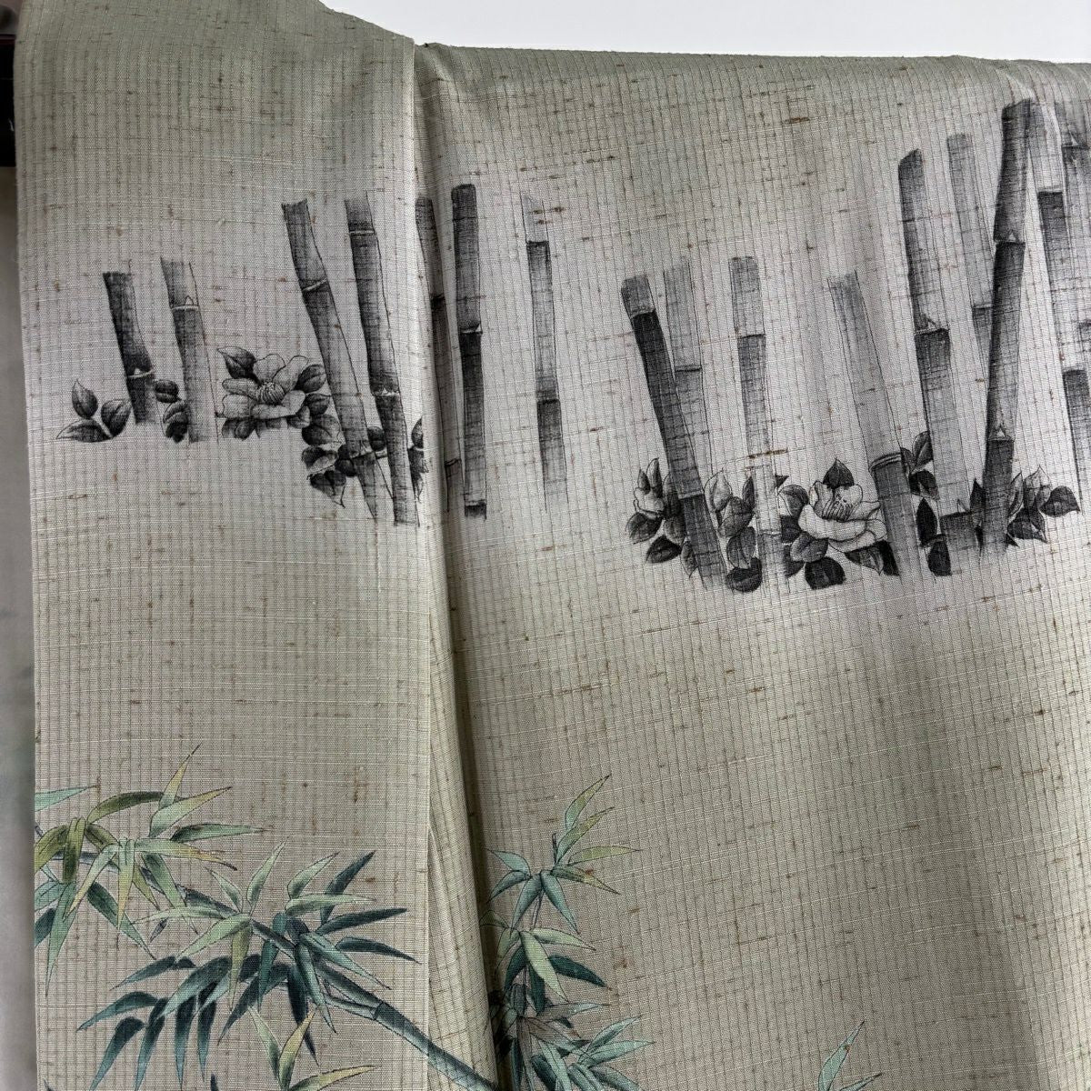 【美品】訪問服 身長160cm 袖長67cm M 雙層 紬織織 田家鬼彩 落款あり 竹子林 椿 灰綠 純蠶絲 逸品級