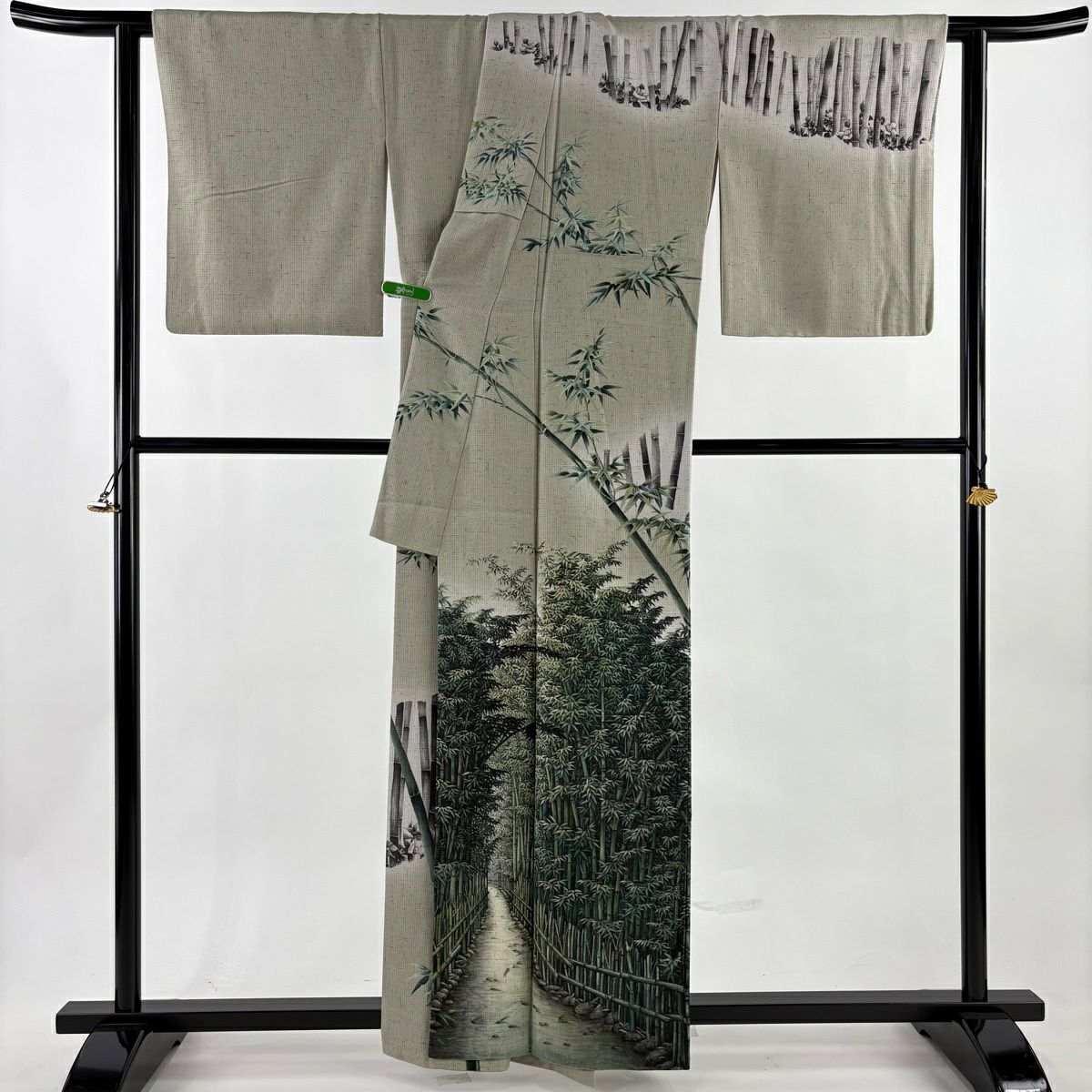 【美品】訪問服 身長160cm 袖長67cm M 雙層 紬織織 田家鬼彩 落款あり 竹子林 椿 灰綠 純蠶絲 逸品級