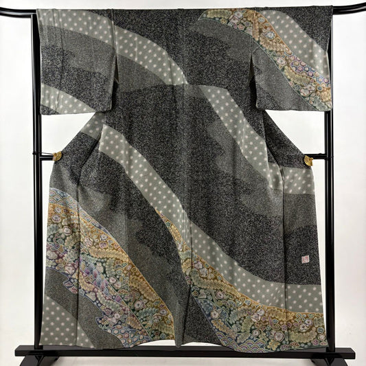 訪問服 身長155cm 袖長65.5cm M 雙層 樋熊哲也 落款あり 辻花染 青海波 絞染 金銀彩 灰綠 純蠶絲 逸品級