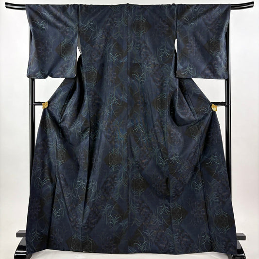 大島紬織 身長170.5cm 袖長69cm L 雙層 都喜ヱ門 光的輪廓 證書齊全 葉花紋 泥染 深藍 純蠶絲 逸品級