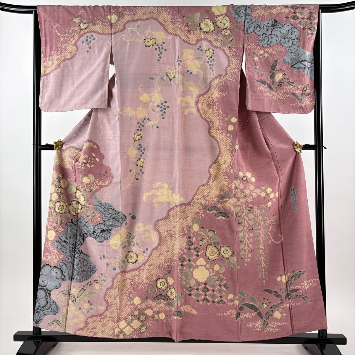 【美品】訪問服 身長158cm 袖長65cm M 雙層 大脇一心 紬織織 落款あり 辻花染 粉紅 純蠶絲 逸品級