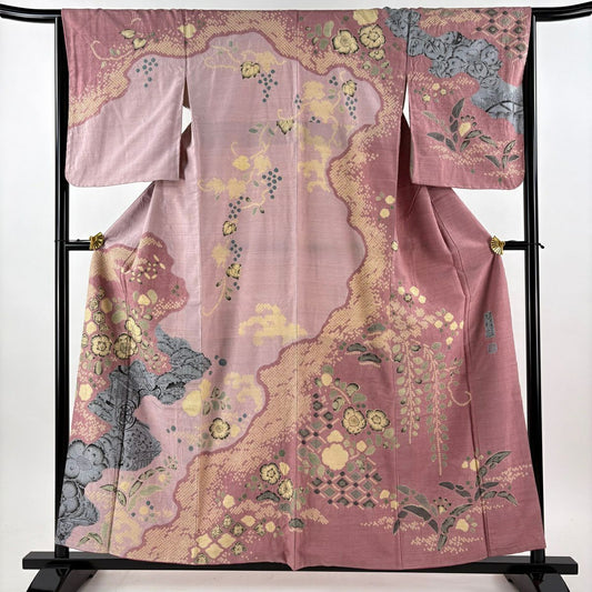 【美品】訪問服 身長158cm 袖長65cm M 雙層 大脇一心 紬織織 落款あり 辻花染 粉紅 純蠶絲 逸品級