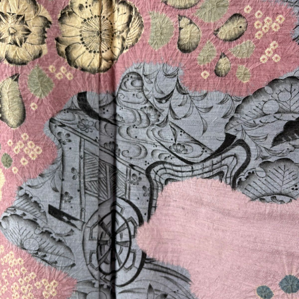 【美品】訪問服 身長158cm 袖長65cm M 雙層 大脇一心 紬織織 落款あり 辻花染 粉紅 純蠶絲 逸品級