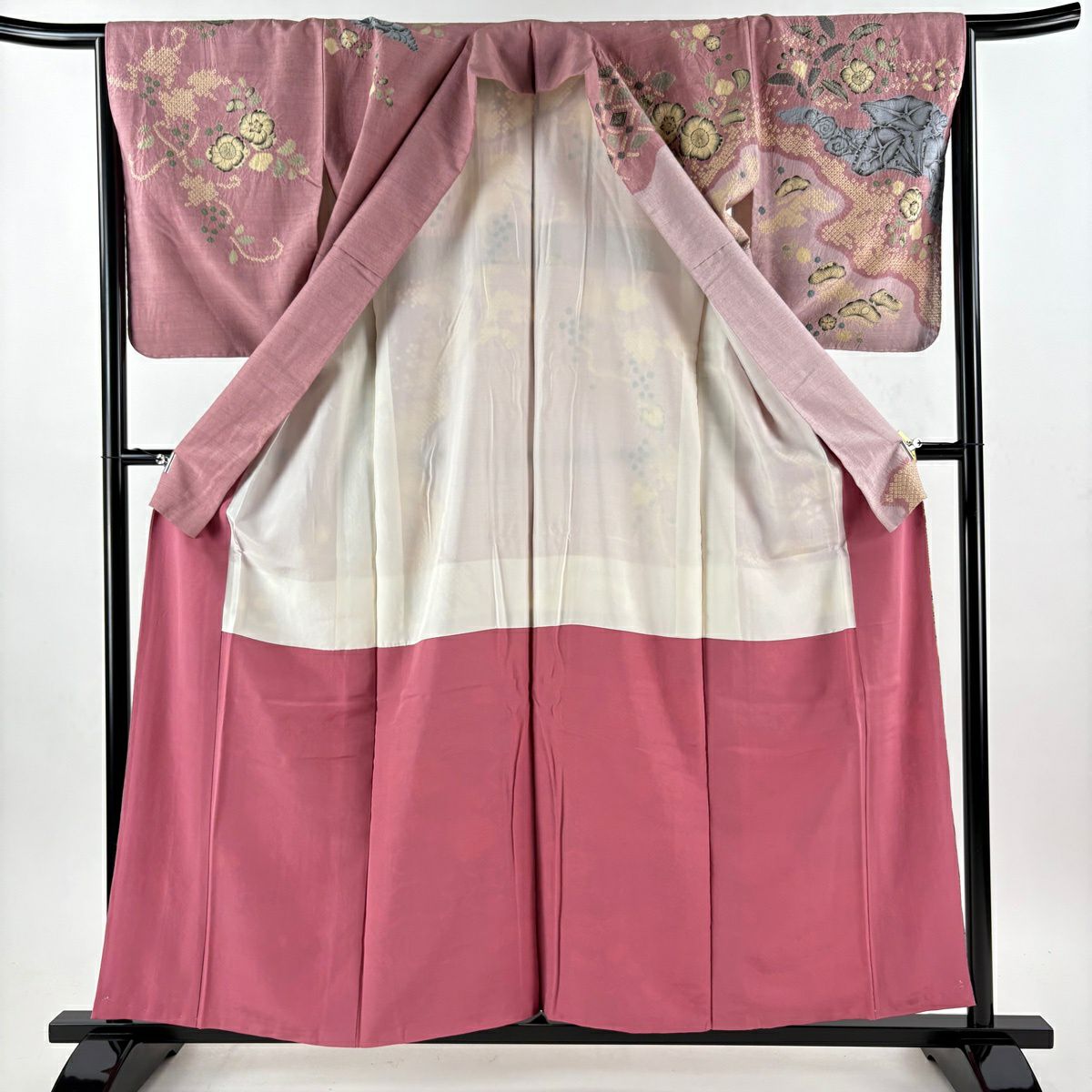 【美品】訪問服 身長158cm 袖長65cm M 雙層 大脇一心 紬織織 落款あり 辻花染 粉紅 純蠶絲 逸品級