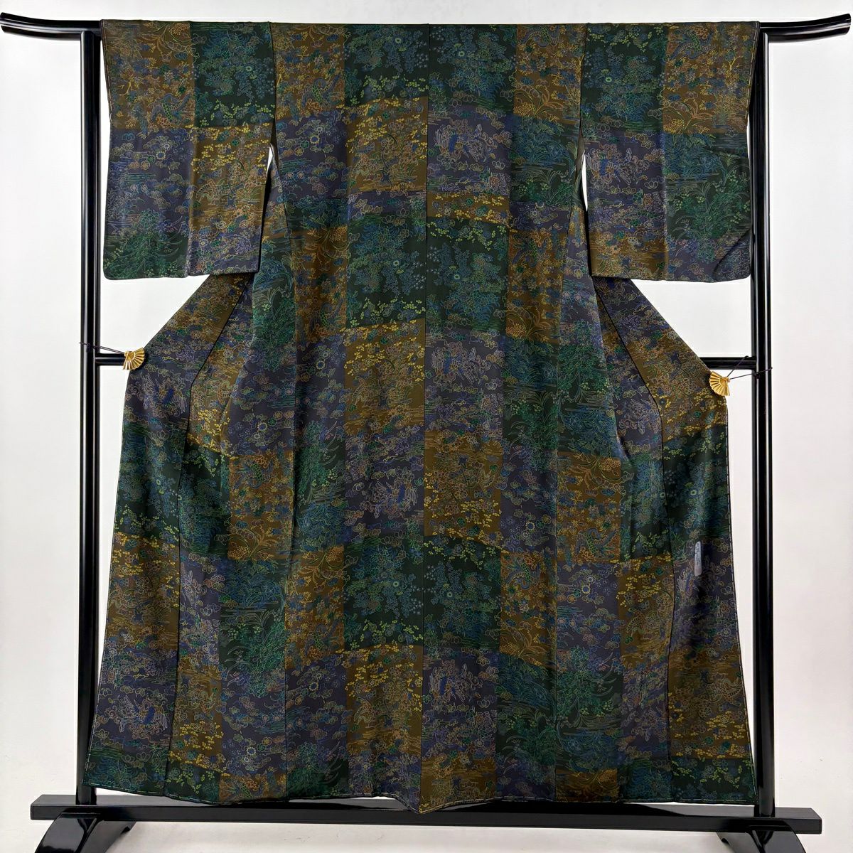 【美品】 小紋 身長157cm 袖長64.5cm M 雙層 前田仁仙 やまと 有落款 草花紋紋 鳳凰 深綠 純蠶絲 逸品級
