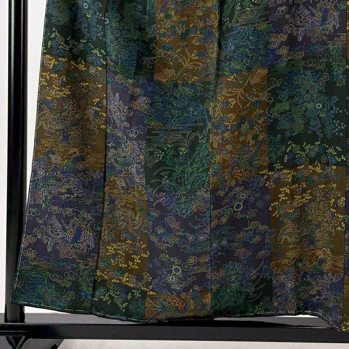 【美品】 小紋 身長157cm 袖長64.5cm M 雙層 前田仁仙 やまと 有落款 草花紋紋 鳳凰 深綠 純蠶絲 逸品級
