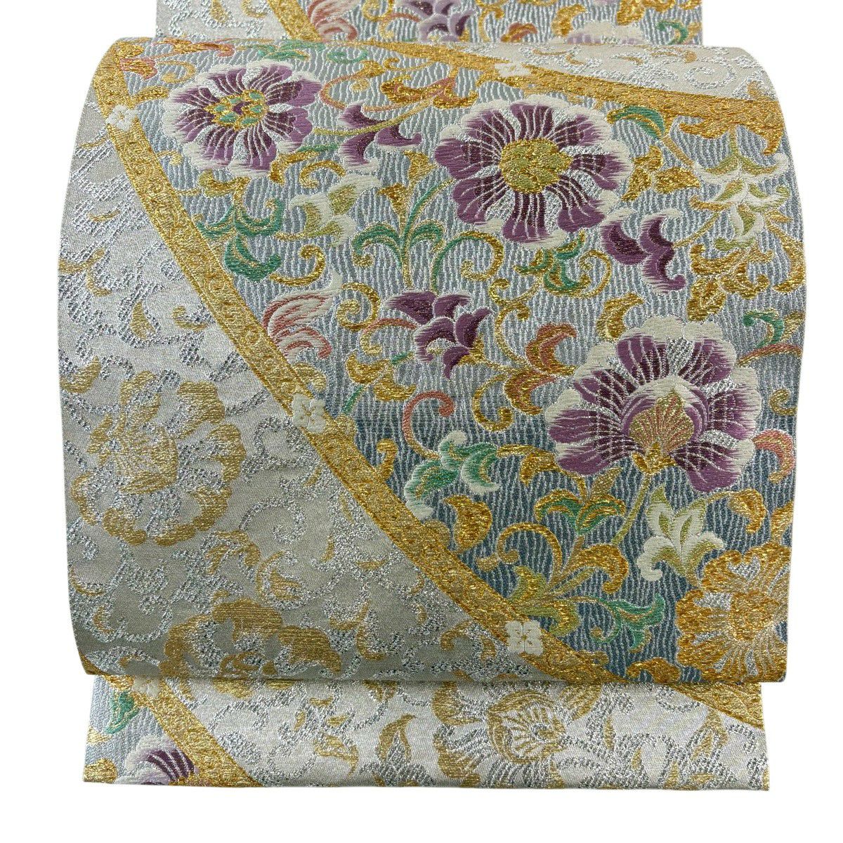 【美品】 袋帶 逸品級 じゅらく 落款あり 帝王紫 花唐草紋 金金箔 米色 六通 純蠶絲