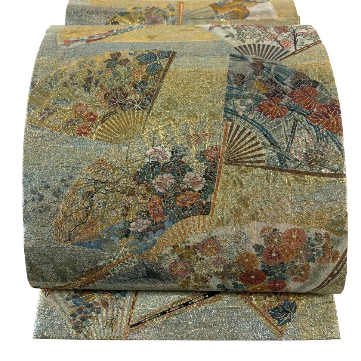 【美品】 袋帶 逸品級 分析通知書附 琳派三十六華扇子 金金箔 灰紫 六通 純蠶絲