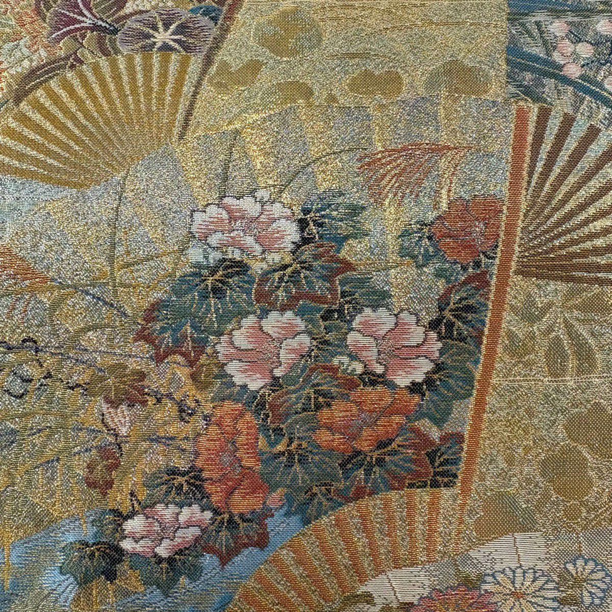 【美品】 袋帶 逸品級 分析通知書附 琳派三十六華扇子 金金箔 灰紫 六通 純蠶絲