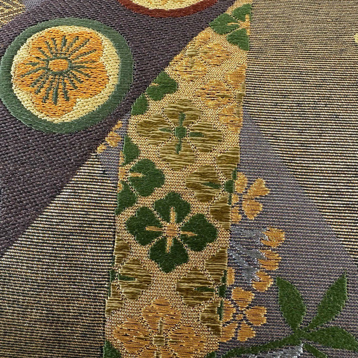 【美品】 袋帶 逸品級 草花紋 青海波 金銀彩 焦茶 六通 純蠶絲