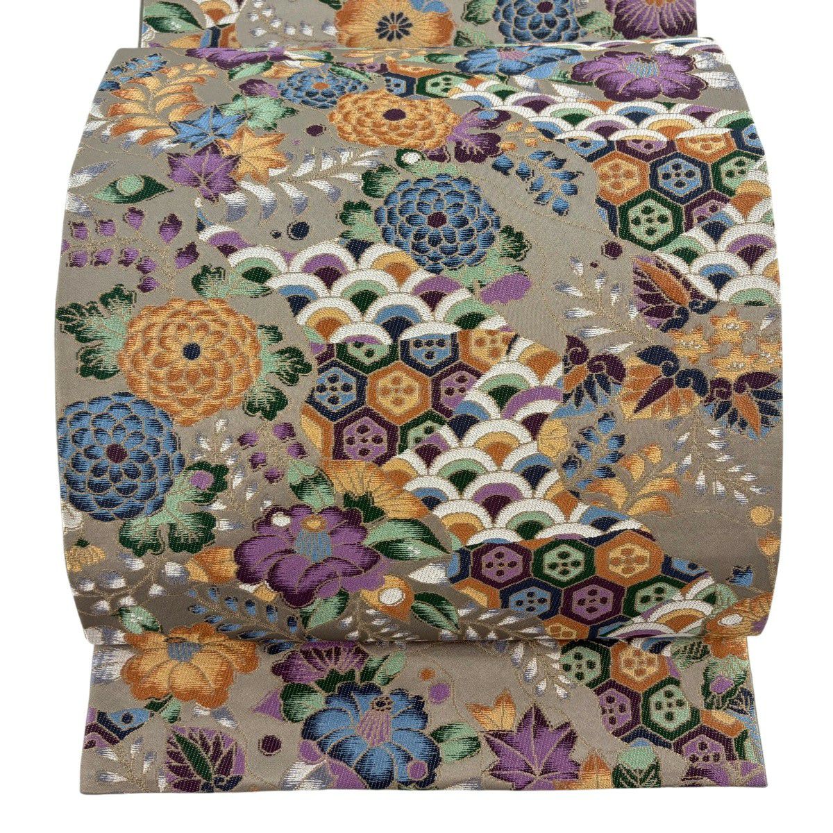 【美品】 袋帶 逸品級 白綾苑大庭 落款あり 証紙あり 菊花 青海波 金金箔 灰 六通 純蠶絲