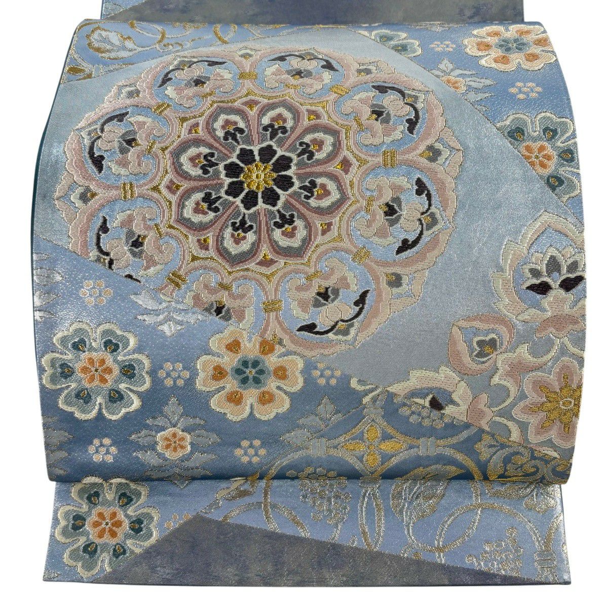 【美品】 袋帶 逸品級 河村織物 落款あり 名物大和裂文 金糸 金金箔 青灰 六通 純蠶絲