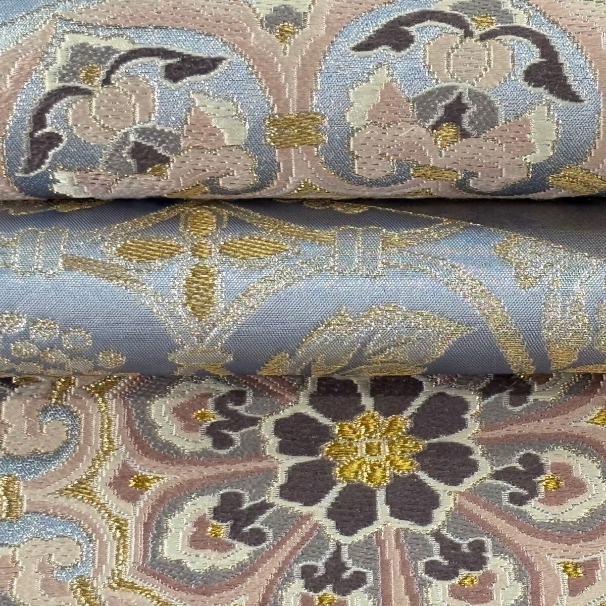 【美品】 袋帶 逸品級 河村織物 落款あり 名物大和裂文 金糸 金金箔 青灰 六通 純蠶絲