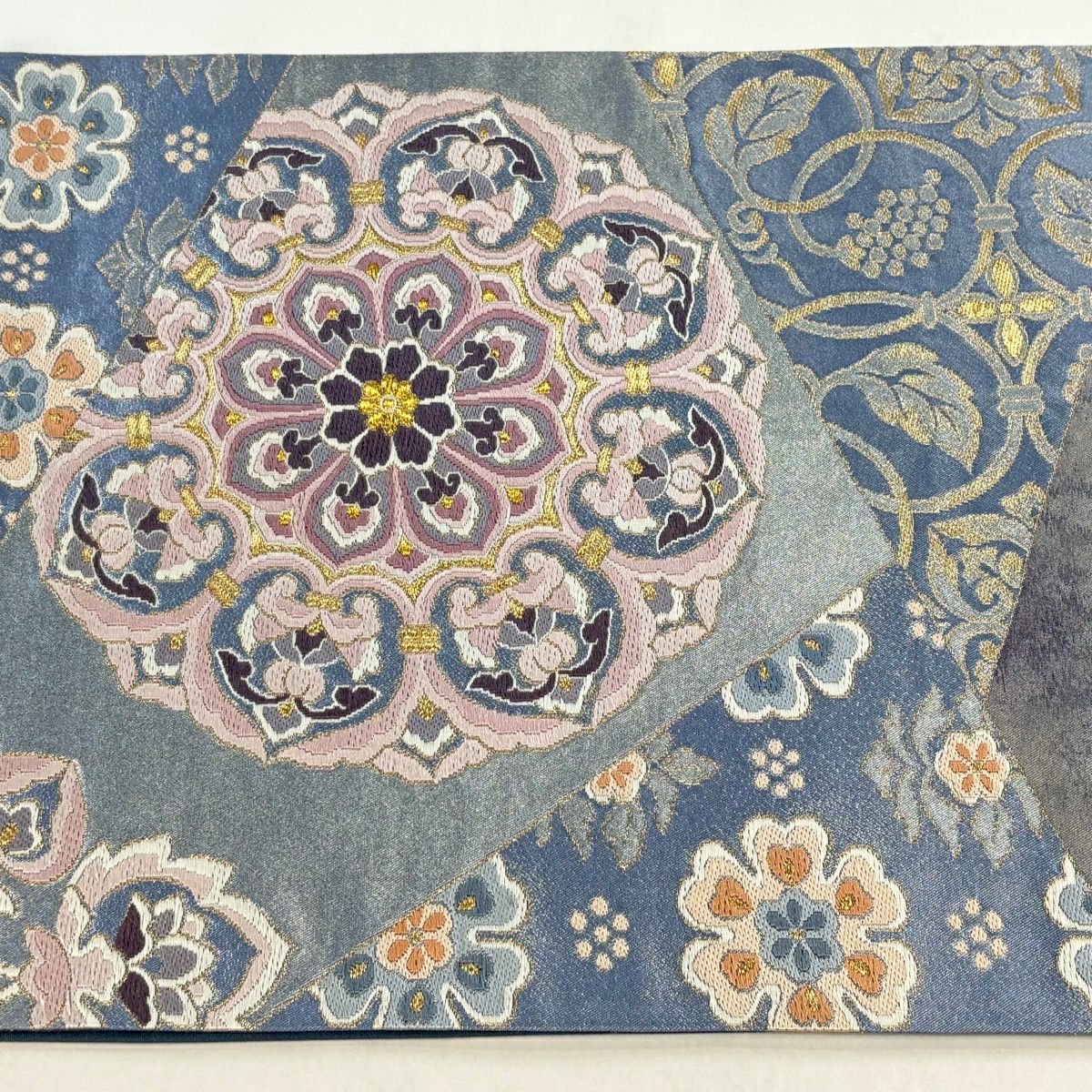 【美品】 袋帶 逸品級 河村織物 落款あり 名物大和裂文 金糸 金金箔 青灰 六通 純蠶絲