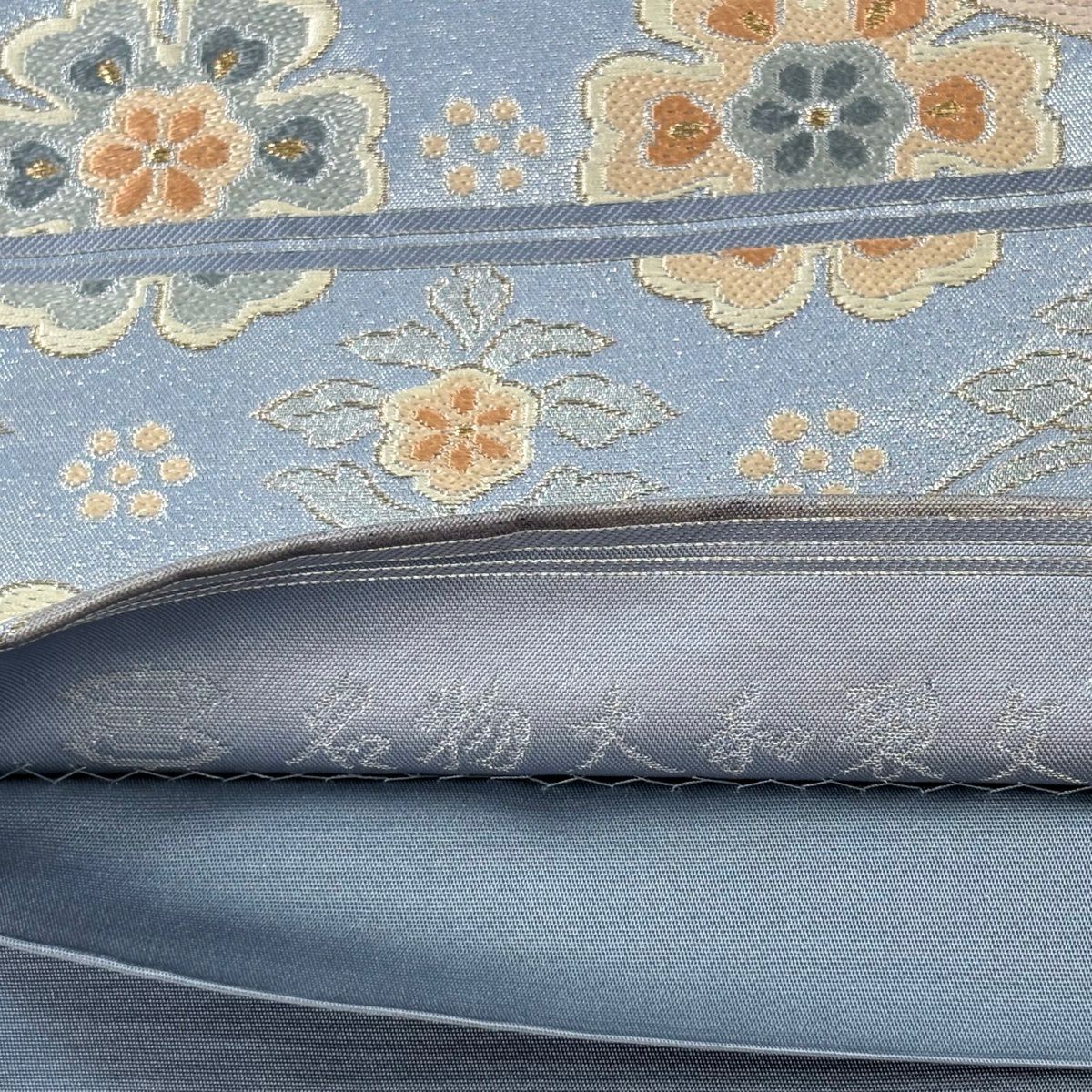 【美品】 袋帶 逸品級 河村織物 落款あり 名物大和裂文 金糸 金金箔 青灰 六通 純蠶絲