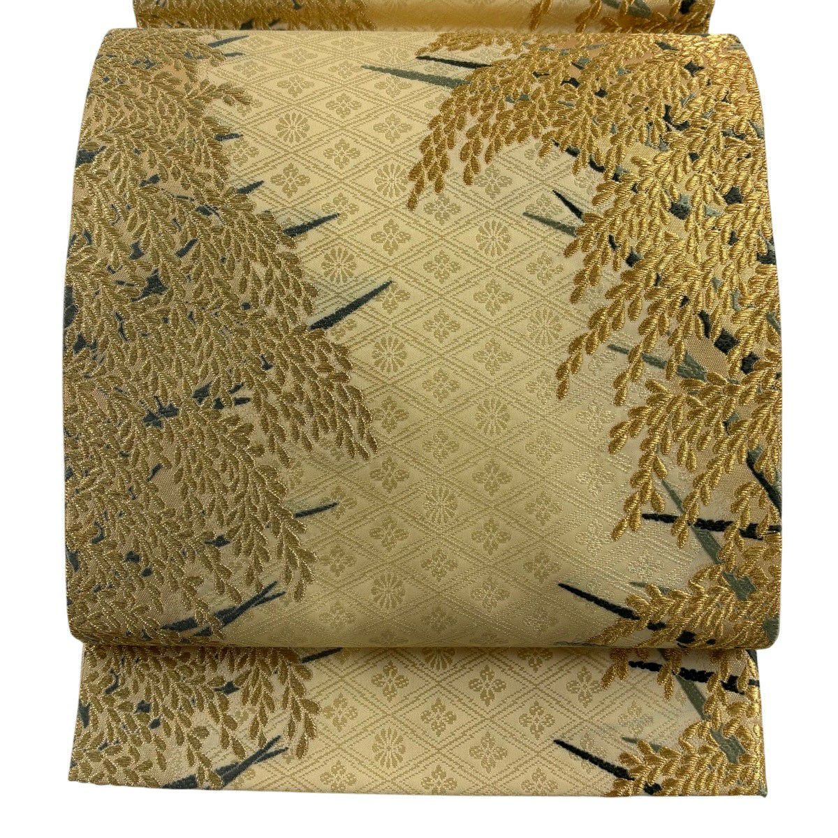 【美品】 袋帶 逸品級 山口美術織物 落款あり 菱地豐饒紋 金絲 淺黃 六通 純蠶絲