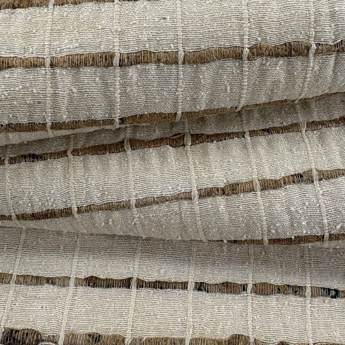 【美品】 袋帶 逸品級 縞 格子 米色 全通 純蠶絲