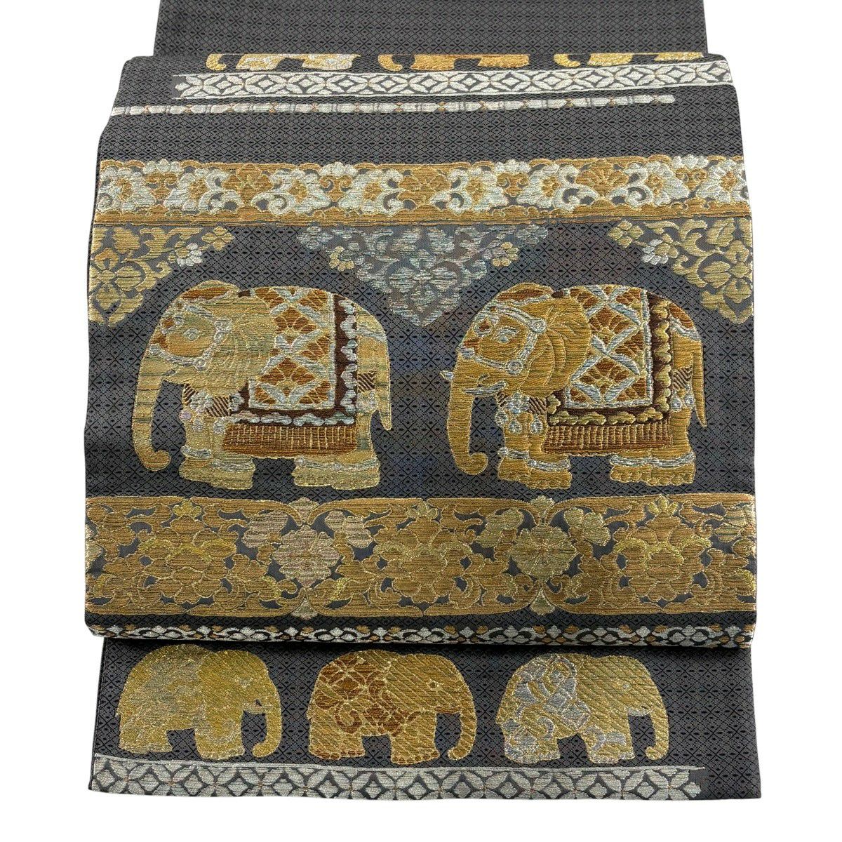 【美品】 袋帶 逸品級 三眠蠶絲 象 七寶紋 金銀彩 灰 深藍柄 純蠶絲