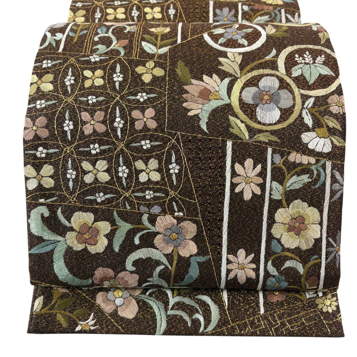【美品】 袋帶 逸品級 草花紋紋 幾何學刺繡 金線 茶 六通 純蠶絲