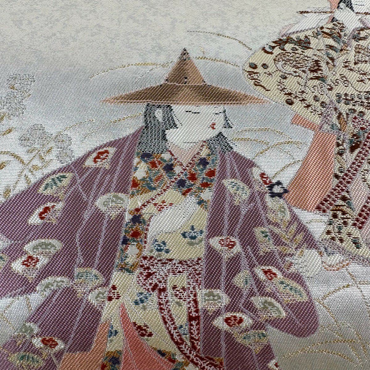 【美品】 袋帶 逸品級 長嶋成織物 落款あり 瀞銀錦 由水十久 童 草花紋紋 金金箔 銀 お太鼓柄 純蠶絲