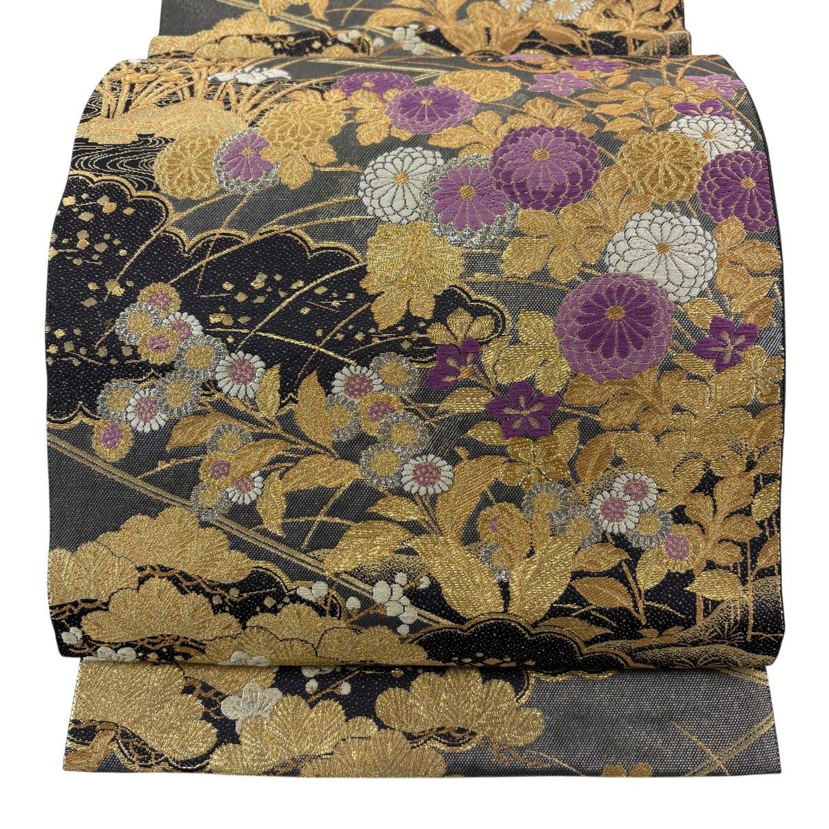 【美品】 袋帶 逸品級 帝王紫 落款あり じゅらく 菊花 松樹秋草蒔絵文 刺繡 金糸 墨色 お太鼓柄 純蠶絲