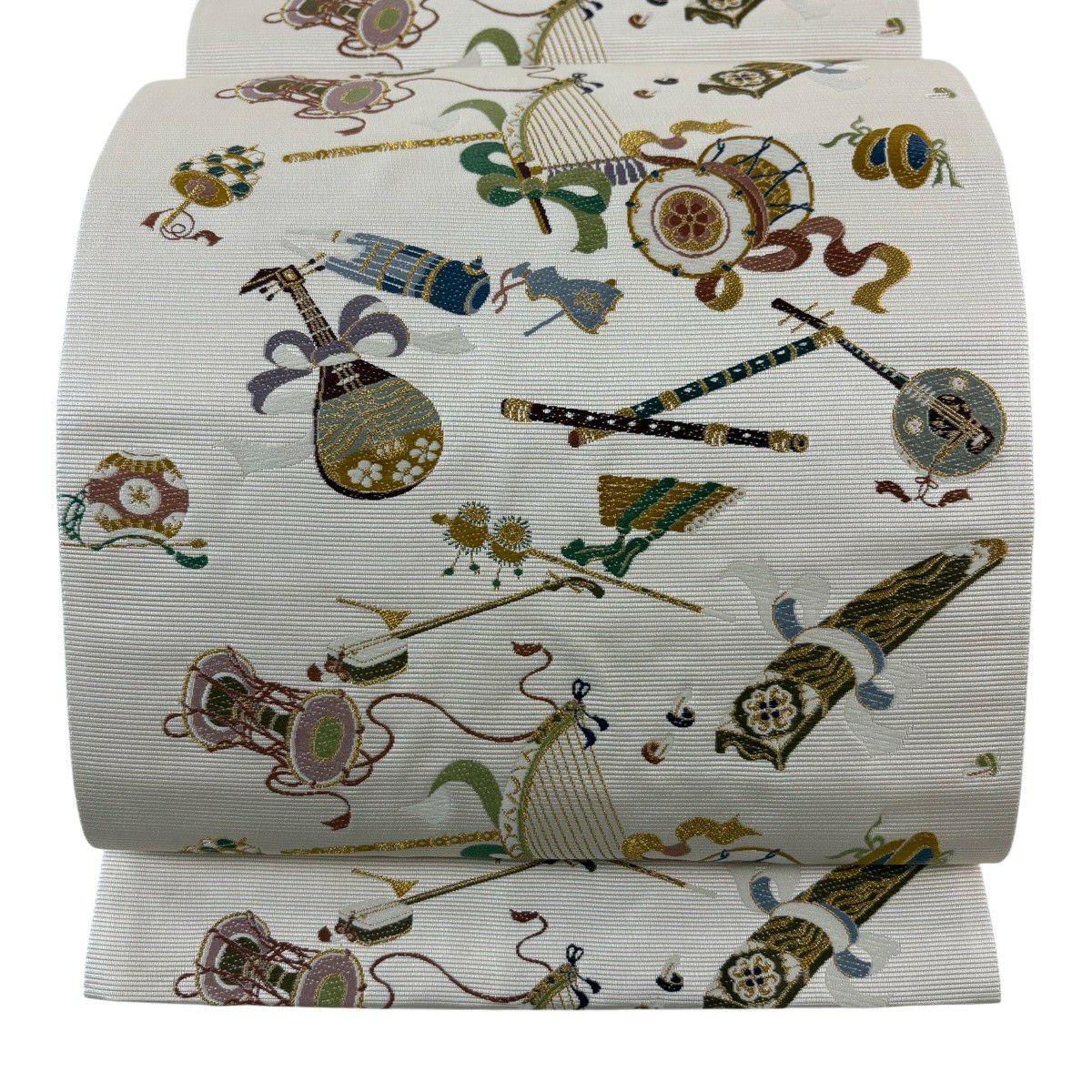 【美品】 袋帶 逸品級 和樂器 刺繡 金絲 米色 六通 純蠶絲