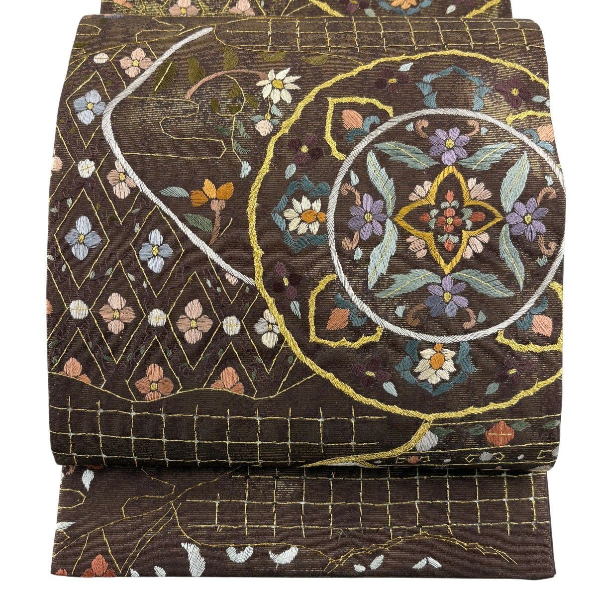 【美品】 袋帶 逸品級 草花紋紋 花菱 金糸刺繡 茶 六通 純蠶絲