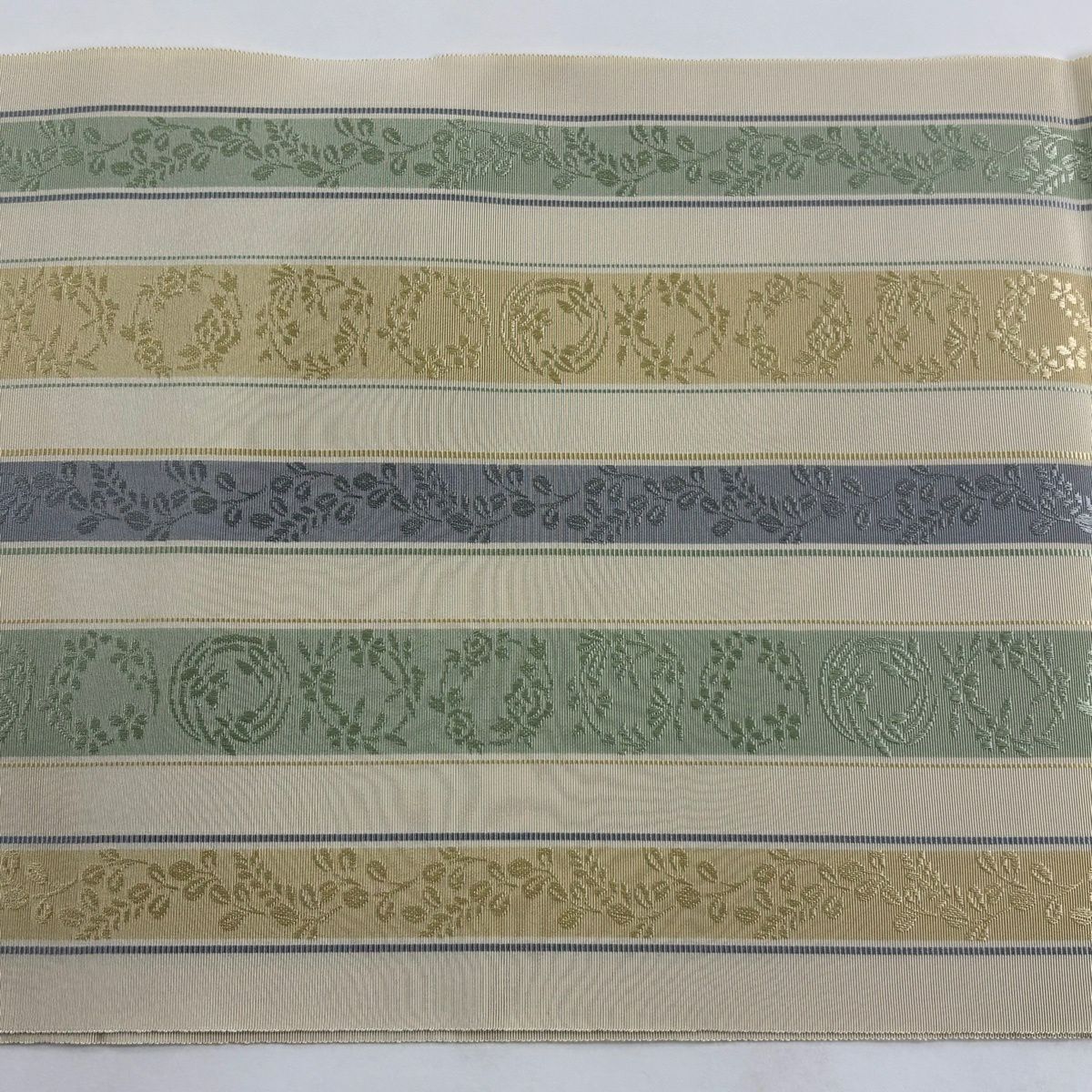 【美品】名古屋帶 逸品級 證書齊全 松樹葉仕立 八寸名古屋帶 博多織 縞花丸紋 米色 純蠶絲
