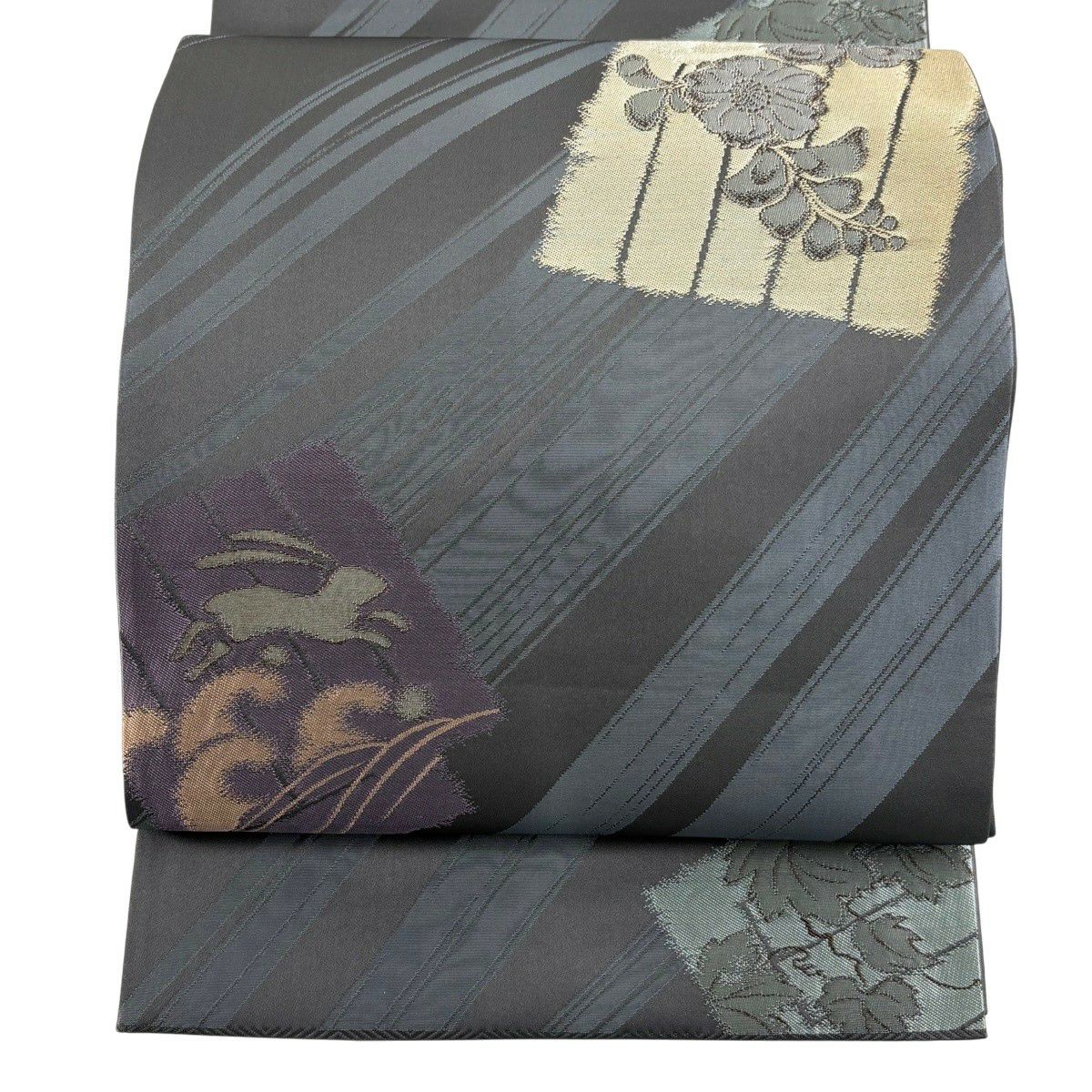 【美品】 袋帶 逸品級 附有落款 源氏香 草花紋 金絲 青灰 六通 純蠶絲