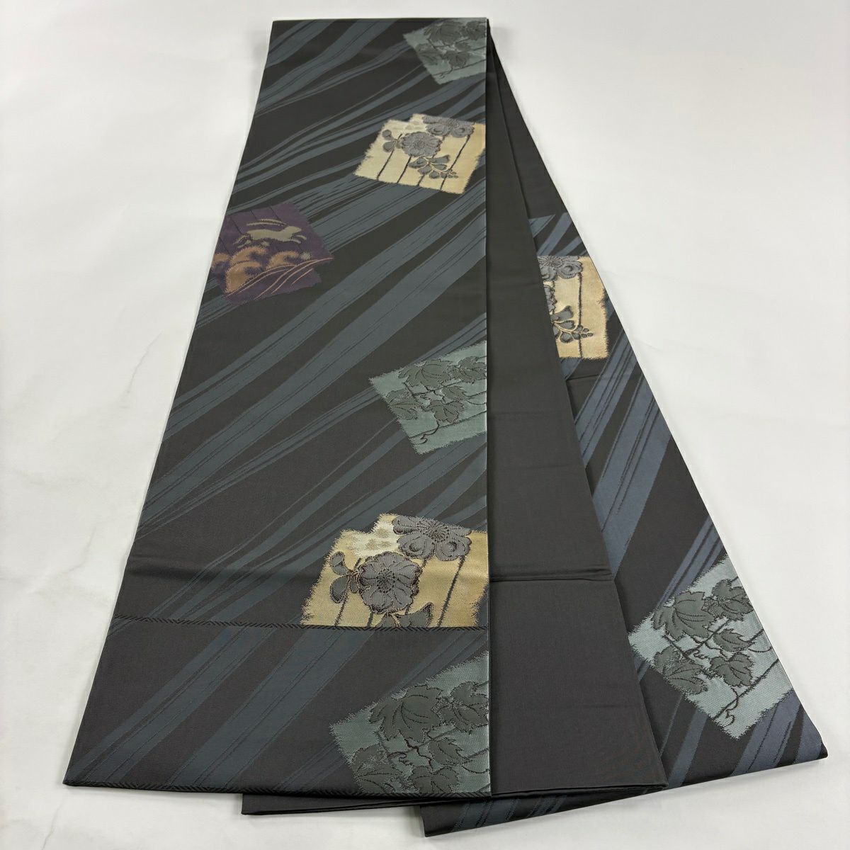 【美品】 袋帶 逸品級 附有落款 源氏香 草花紋 金絲 青灰 六通 純蠶絲