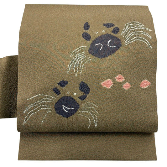 【美品】名古屋帶 逸品級 蟹 絞染 茶綠 純蠶絲