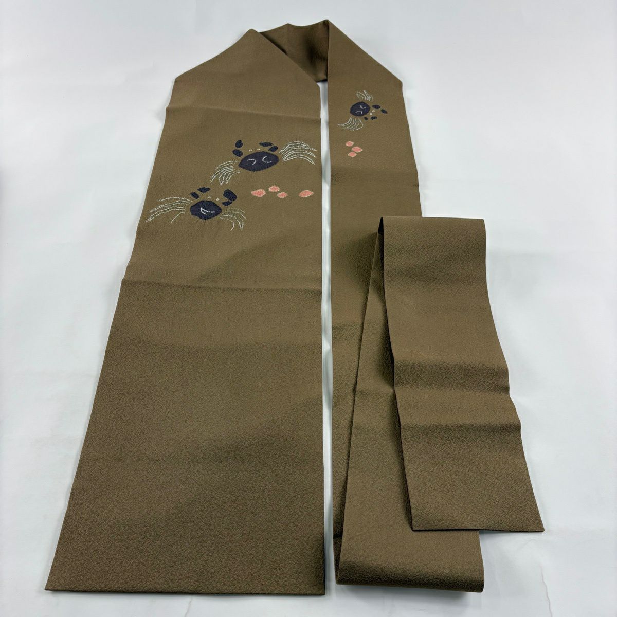 【美品】名古屋帶 逸品級 蟹 絞染 茶綠 純蠶絲