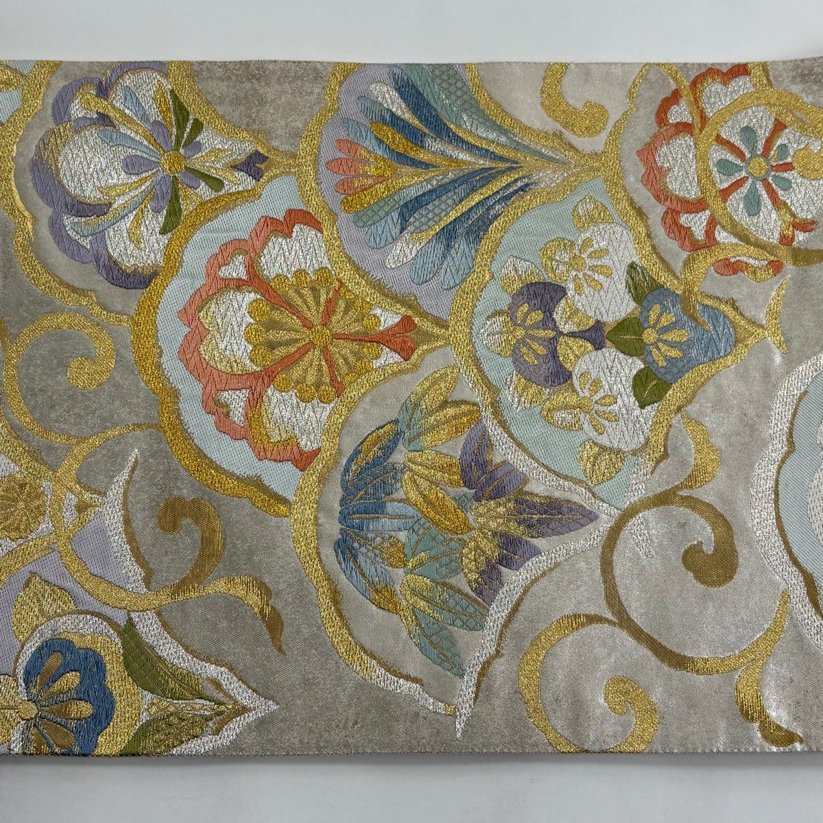 【美品】 袋帶 逸品級 洛陽織物 有落款 有證書 草花紋紋 橘色 金銀彩 金金箔 灰色 六通 純蠶絲