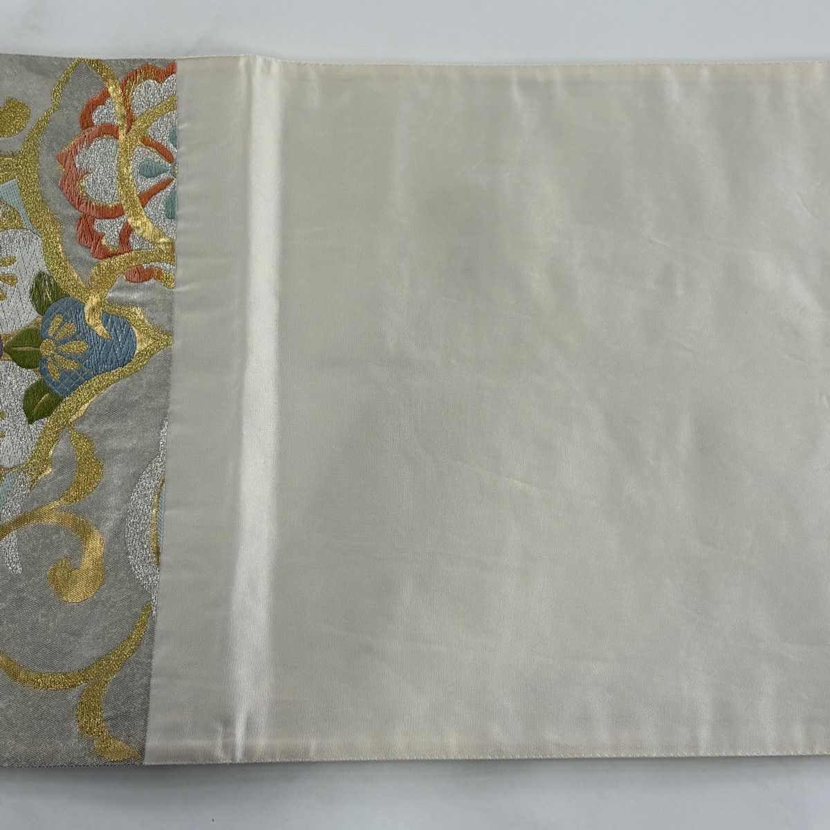 【美品】 袋帶 逸品級 洛陽織物 有落款 有證書 草花紋紋 橘色 金銀彩 金金箔 灰色 六通 純蠶絲