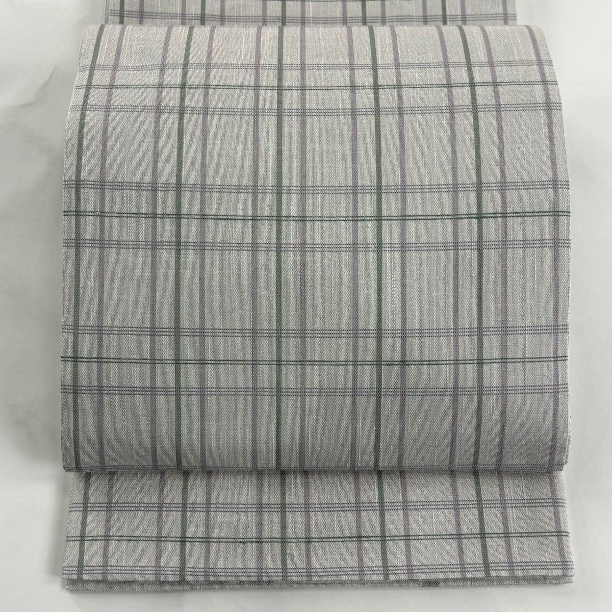 【美品】 袋帶 逸品級 となみ織物 落款あり 雙面 束帶熨斗紋 格子 灰色 六通 純蠶絲
