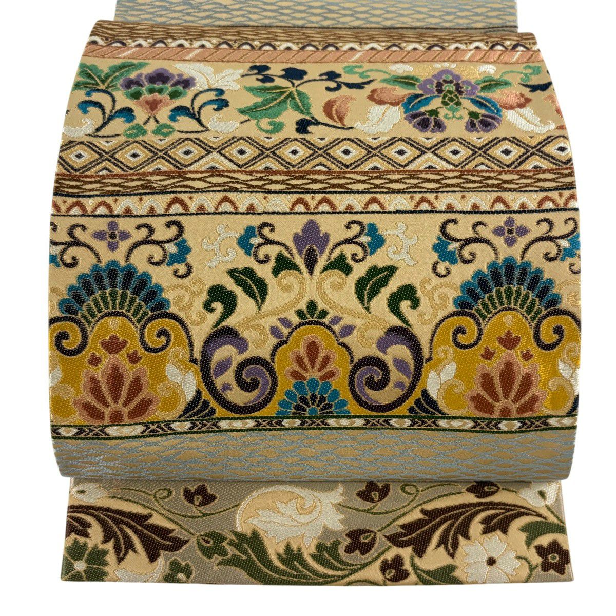 【美品】 袋帶 逸品級 白綾苑大庭 落款 花唐草紋 橫段 金金箔 淺茶 六通 純蠶絲