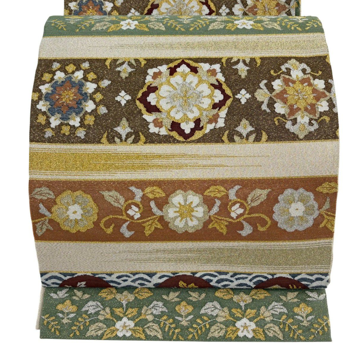 【美品】 袋帶 逸品級 綴織 華紋 花唐草紋 金銀線 金通し 米色 全通 純蠶絲