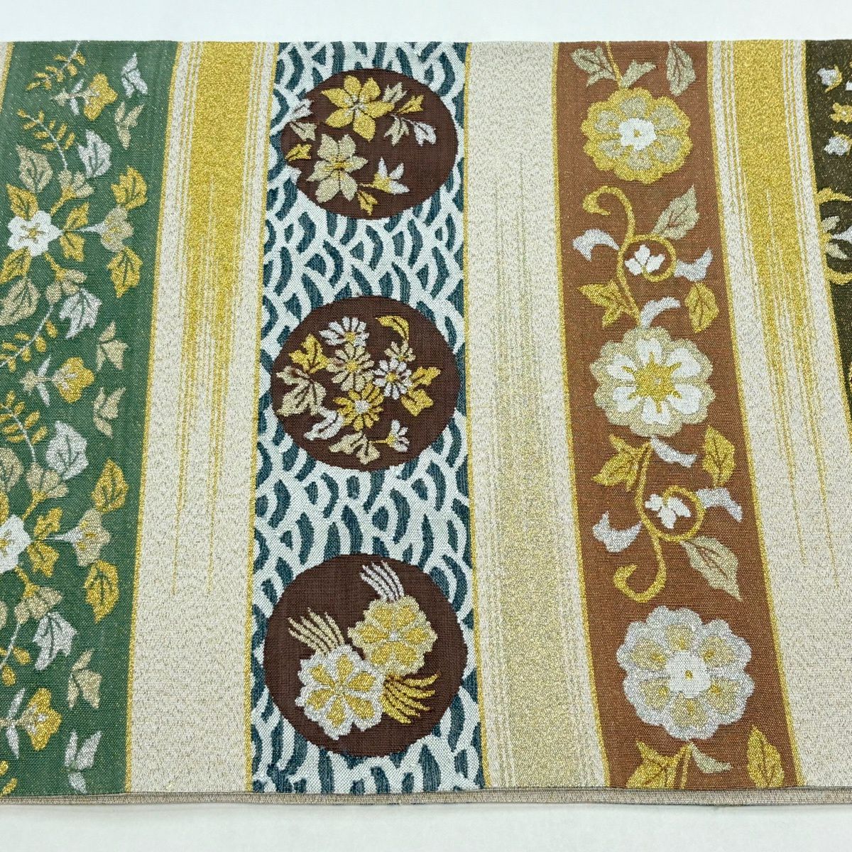 【美品】 袋帶 逸品級 綴織 華紋 花唐草紋 金銀線 金通し 米色 全通 純蠶絲
