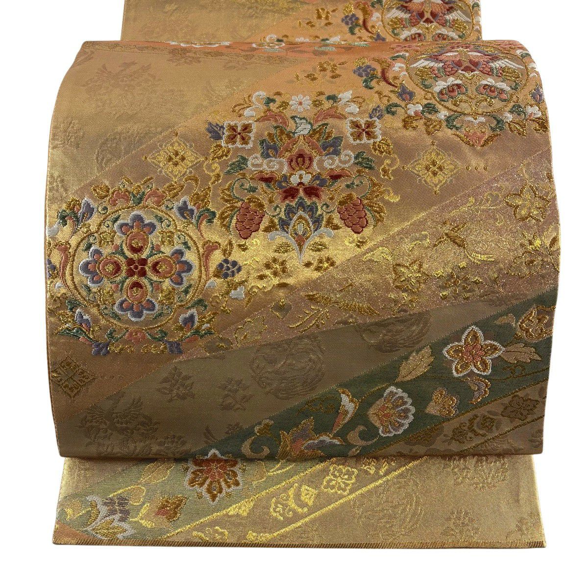 【美品】 袋帶 秀品級 向鳥 華紋 金金箔 唐織 金 六通 純蠶絲