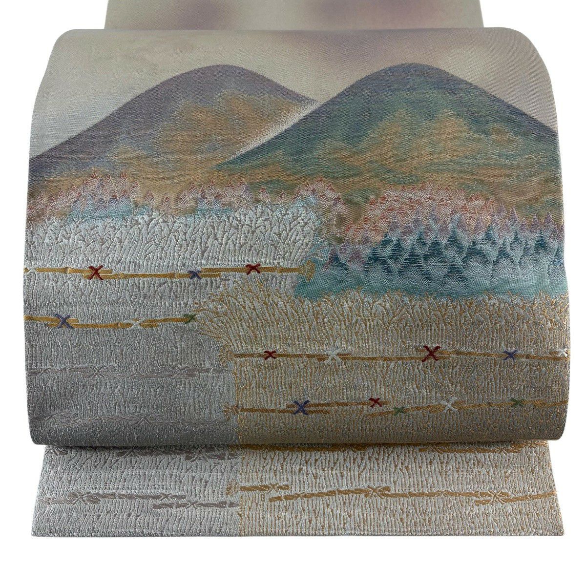 【美品】 袋帶 秀品級 山並 樹木 金金箔 漸層 灰紫 大鼓圖案 純蠶絲