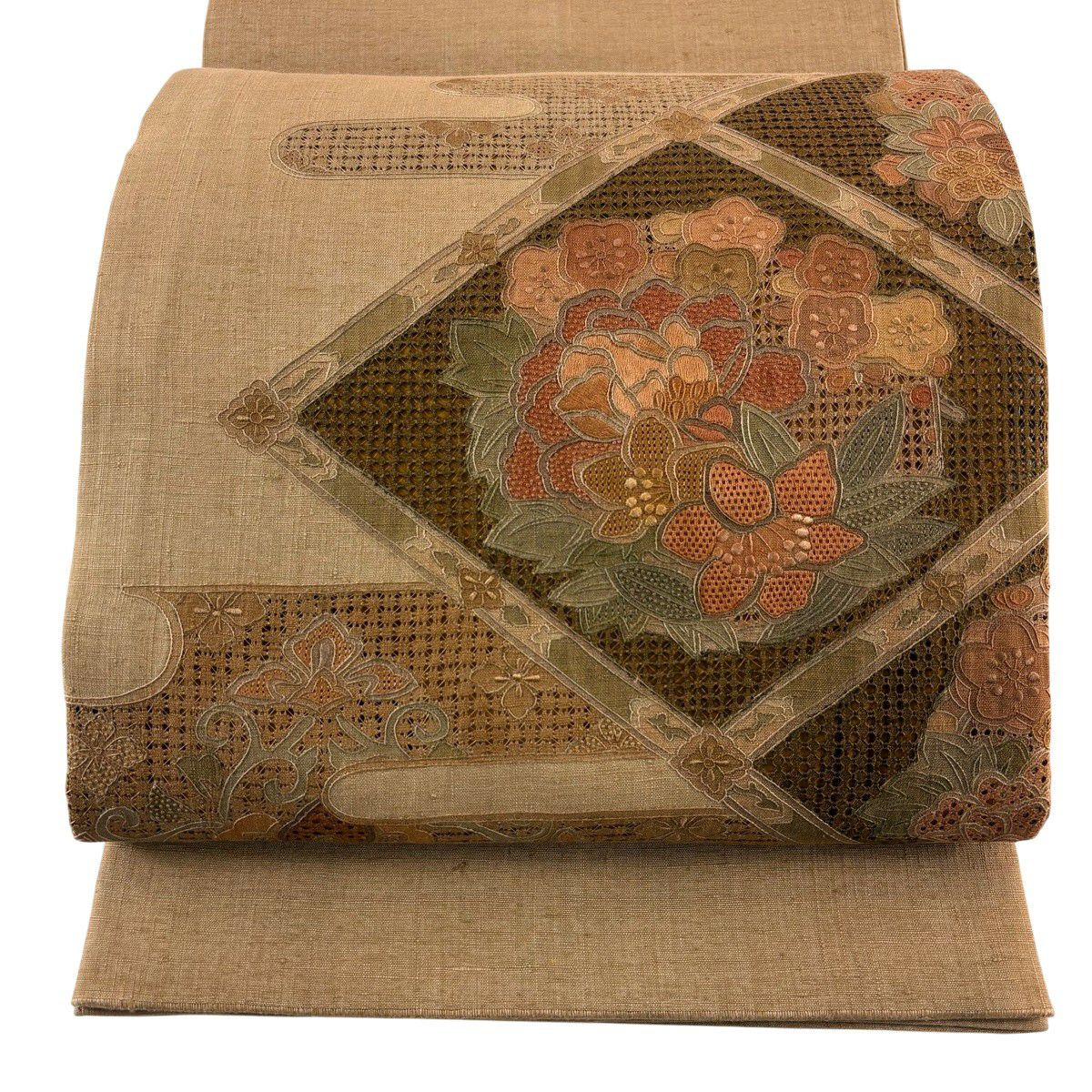 袋帶 秀品級 紬織織 關西仕立 花丸紋 薄霞 刺繡 薄茶 金銀彩 純蠶絲
