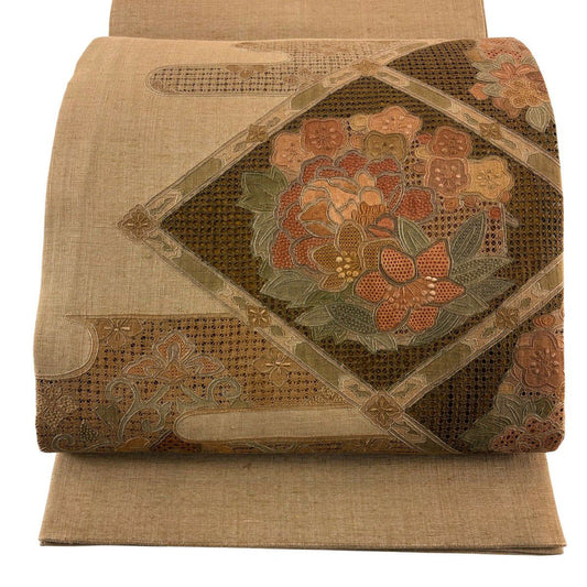 袋帶 秀品級 紬織織 關西仕立 花丸紋 薄霞 刺繡 薄茶 金銀彩 純蠶絲