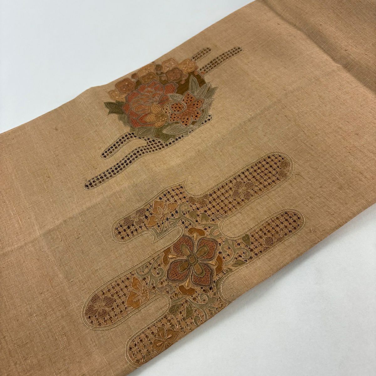 袋帶 秀品級 紬織織 關西仕立 花丸紋 薄霞 刺繡 薄茶 金銀彩 純蠶絲