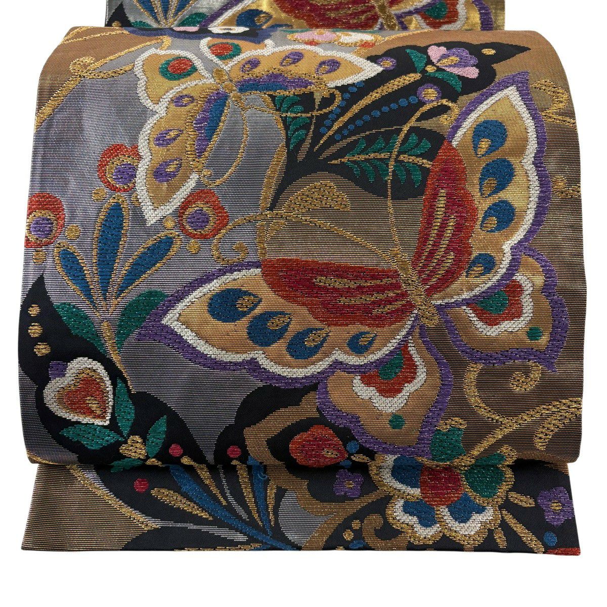 【美品】 袋帶 秀品級 蝶 草花紋 金金箔 黑 六通 純蠶絲