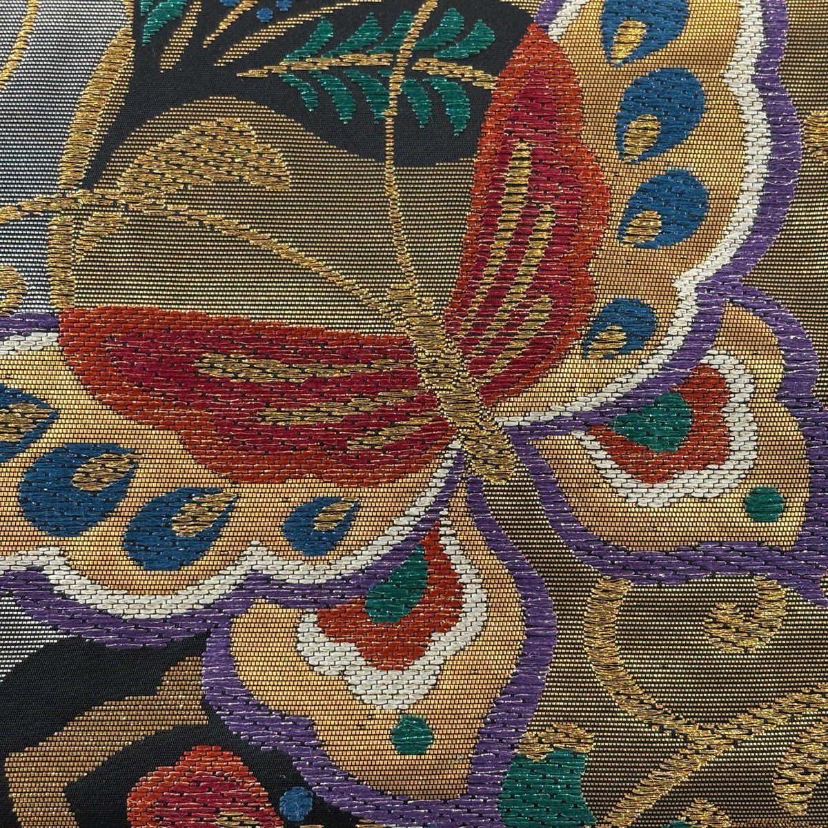 【美品】 袋帶 秀品級 蝶 草花紋 金金箔 黑 六通 純蠶絲