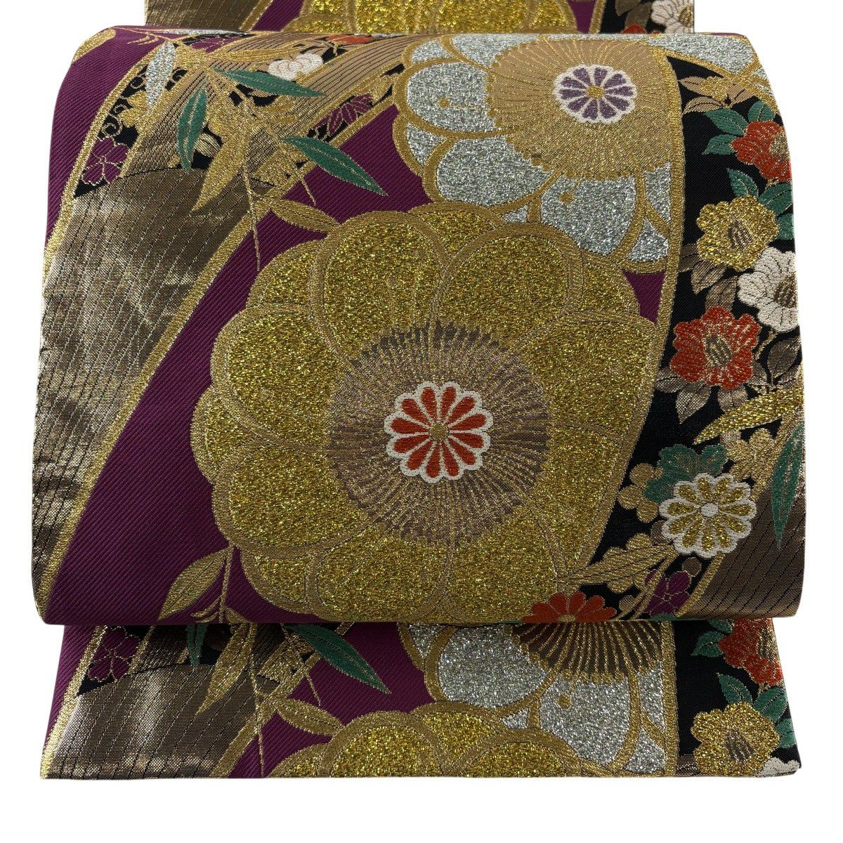 【美品】 袋帶 秀品級 草花紋紋 花唐草紋 金金箔 唐織 紫 六通 純蠶絲