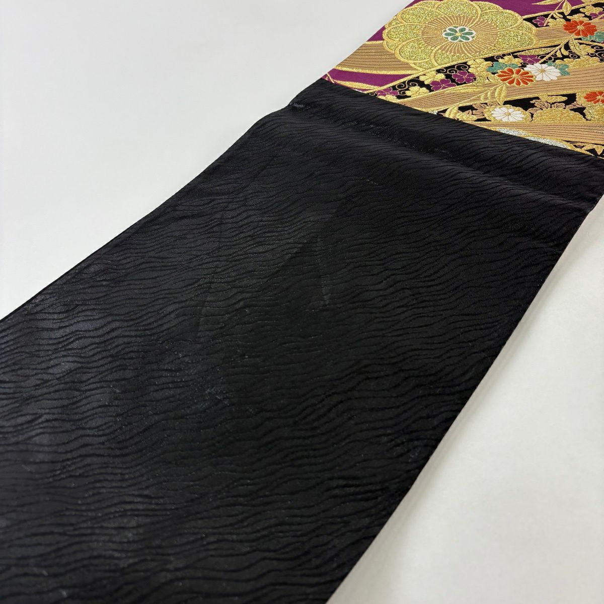【美品】 袋帶 秀品級 草花紋紋 花唐草紋 金金箔 唐織 紫 六通 純蠶絲