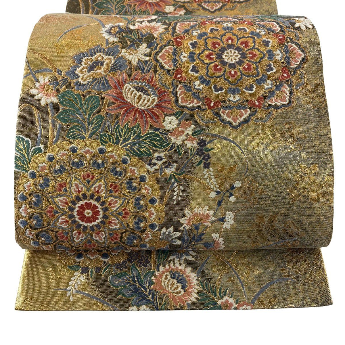 【美品】 袋帶 秀品級 華紋 草花紋 唐織 金金箔 金色 六通 純蠶絲